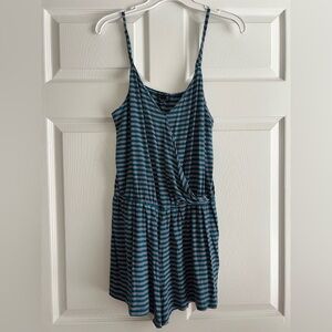 American Eagle Blue, Red, & White Striped Cami V-Neck Crossover Romper Medium